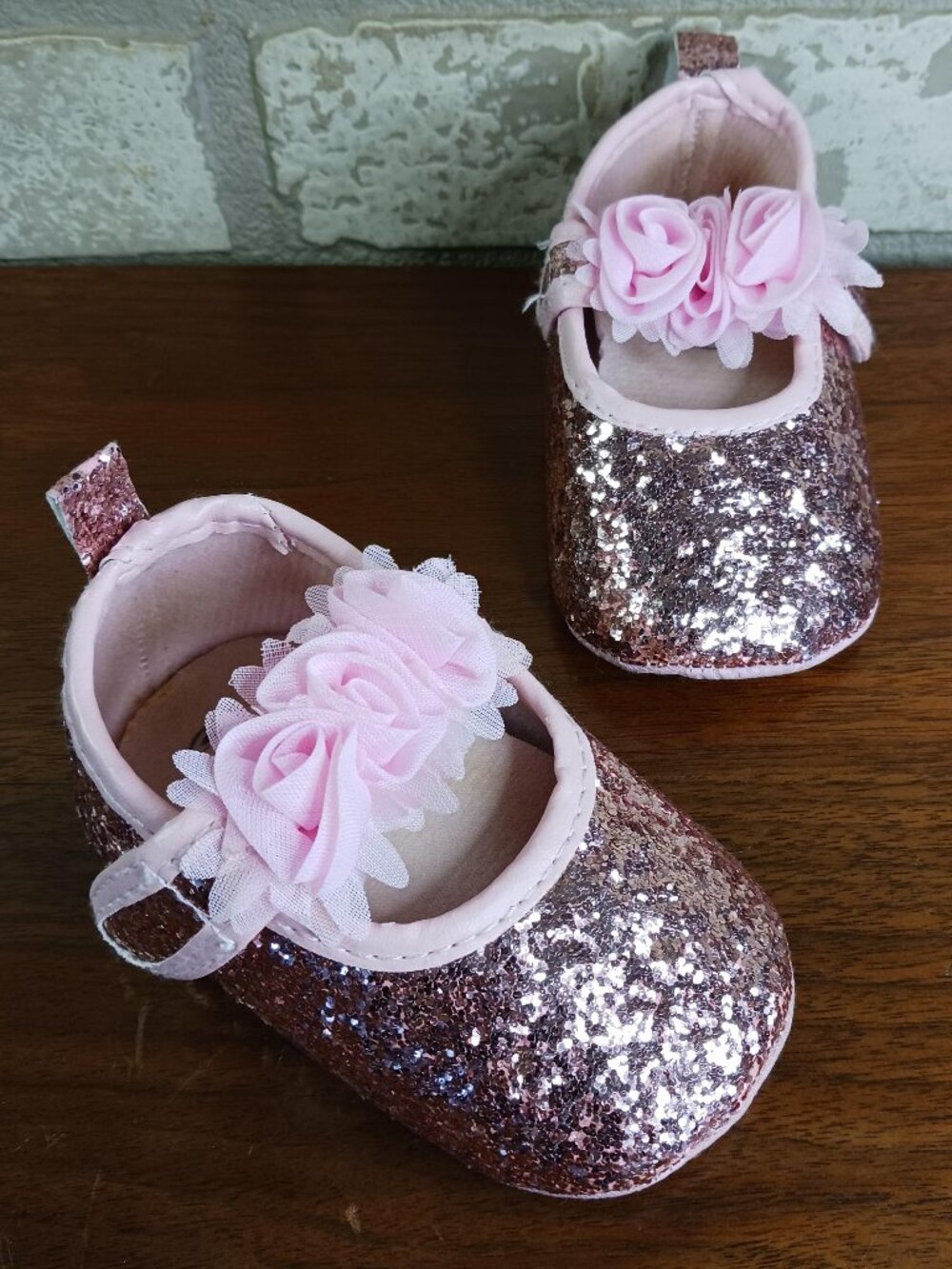 Little Girls Size 5 Mary Jane Shoes Pink Glitter Dress Shoes Chiffon Flower
